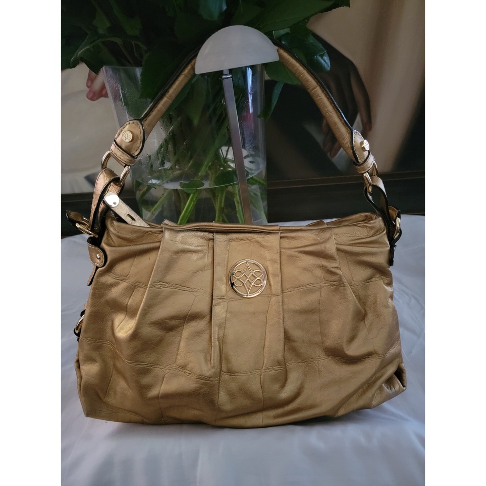 Antonio Melani Gold Metallic Croc Embossed Leather Hobo Shoulder Bag